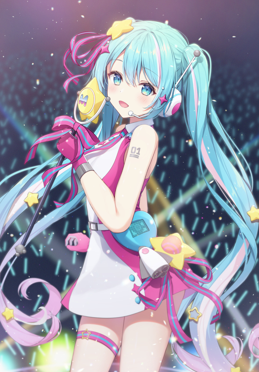 aqua_eyes, aqua_hair, belted_skirt, collared_shirt, cowboy_shot, dark_room, gloves, glowing