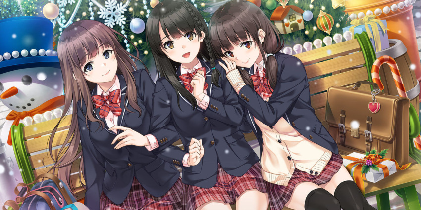 3girls, :d, amari_mito, bag, bangs, bench, black_hair, black_jacket