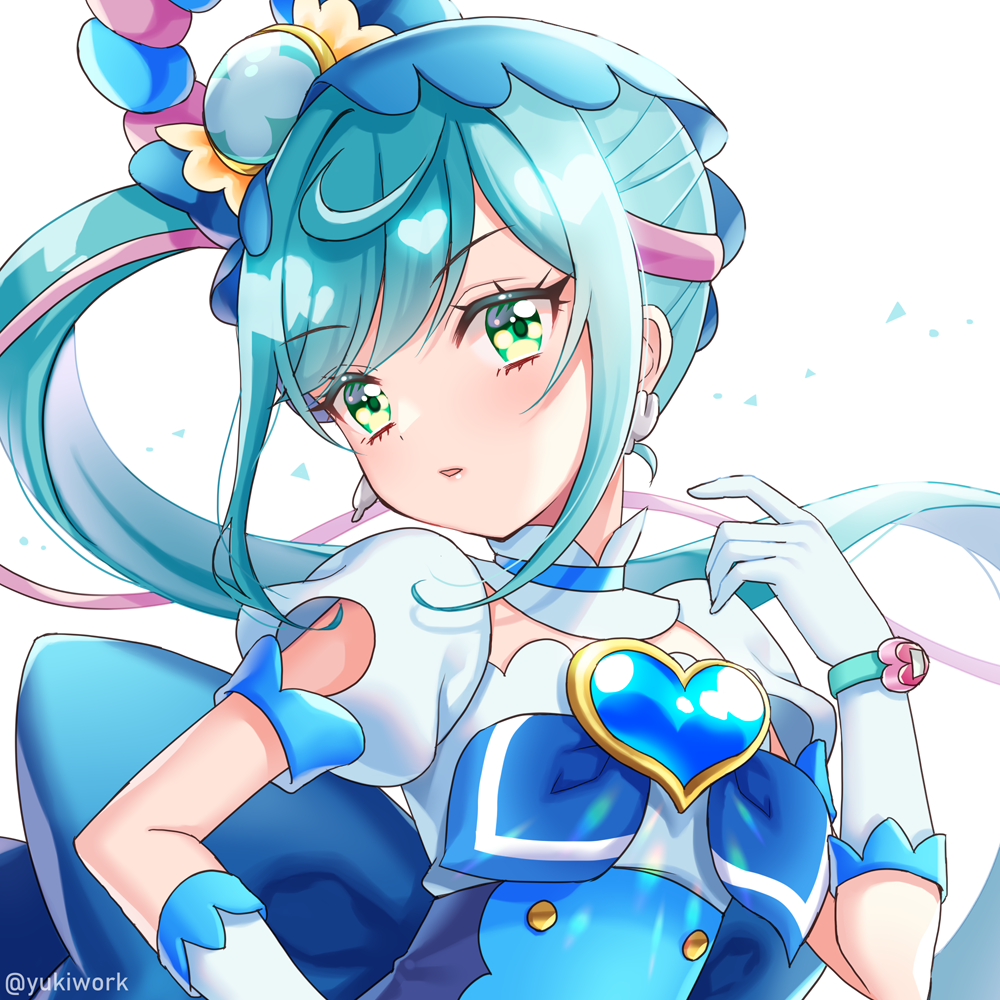 1girl, back_bow, blue_bow, blue_choker, blue_hair, bow, brooch, choker