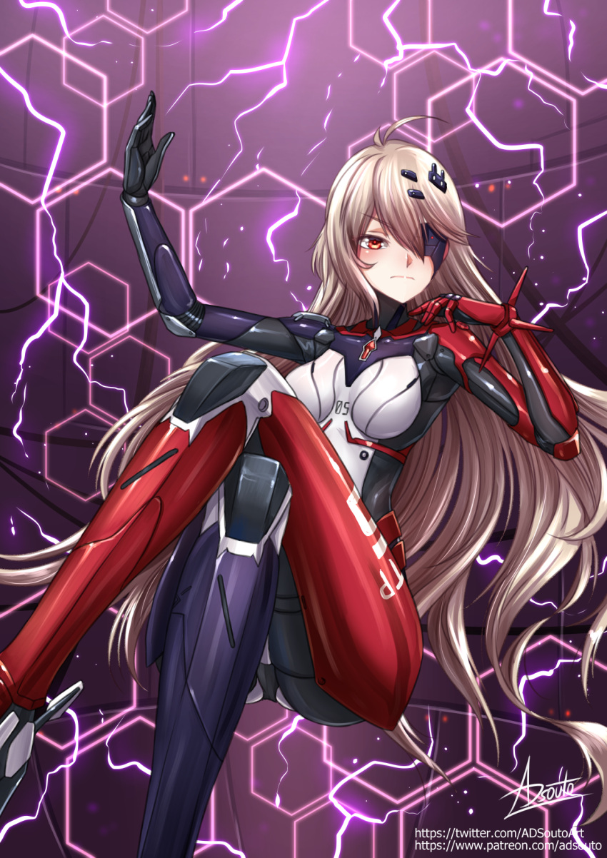 1girl, adsouto, ahoge, android, blonde_hair, breasts, crossed_legs, eyepatch