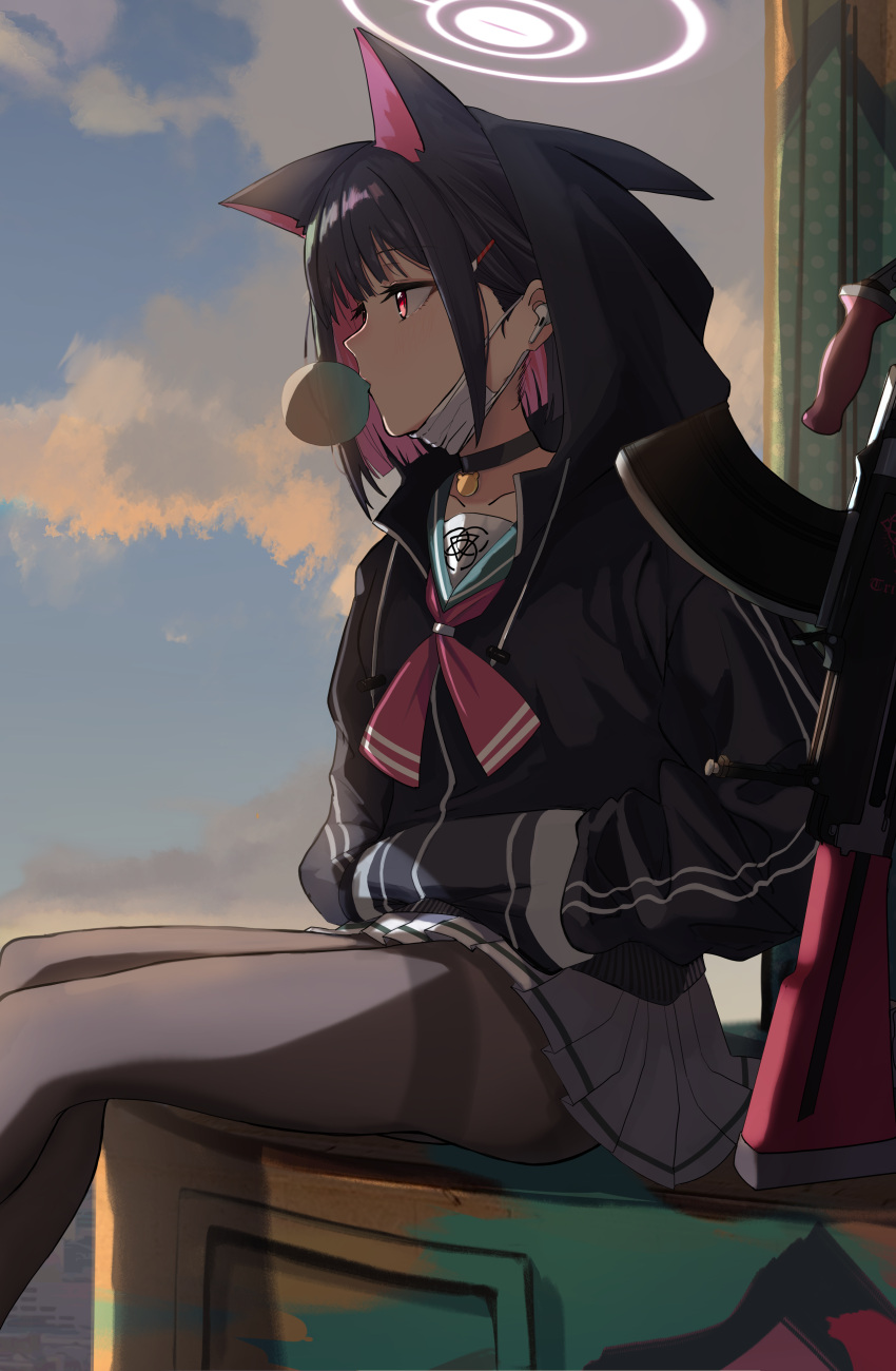 1girl, absurdres, animal_ears, bangs, black_choker, black_hair, black_jacket, blue_archive