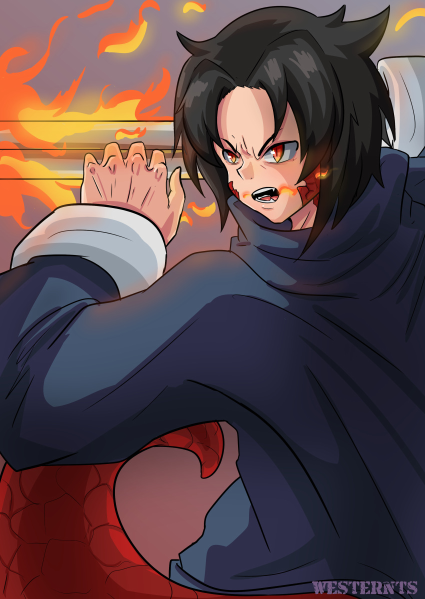 1boy, angry, baggy_pants, black_hair, blue_clothes, crystal_story, crystal_story_ii, d_(crystal_story), dragon, dragon_boy, dragon_tail, fangs, fighting_pose, fingers, fire, fire_sword, highres, holding, holding_sword, holding_weapon, hood, hoodie, long_sleeves, male_focus, monster_boy, open_mouth, pants, red_eyes, red_scales, sash, scales, serious, short_hair, sleeve_cuffs, slit_pupils, sword, tail, teeth, tongue, weapon