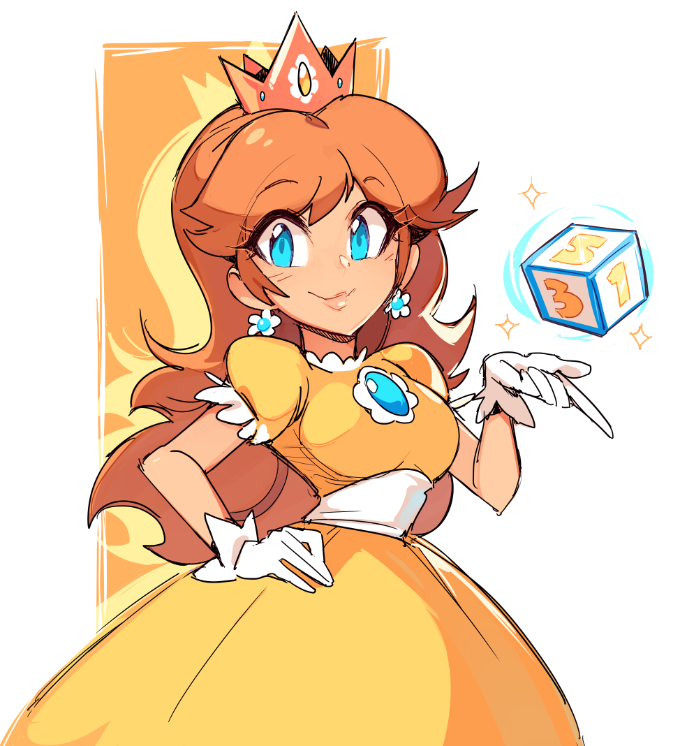 1girl, bangs, blue_eyes, breasts, champanus, closed_mouth, crown, daisy, dress, english_commentary, flower, gem, gloves, hair_ornament, hand_on_hip, long_hair, looking_at_viewer, nintendo, orange_dress, orange_hair, puffy_short_sleeves, puffy_sleeves, short_sleeves, smile, solo, super_mario_bros., upper_body, white_gloves