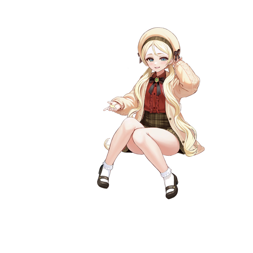 1girl, aqua_eyes, beret, black_footwear, black_ribbon, blonde_hair, brooch, cardigan