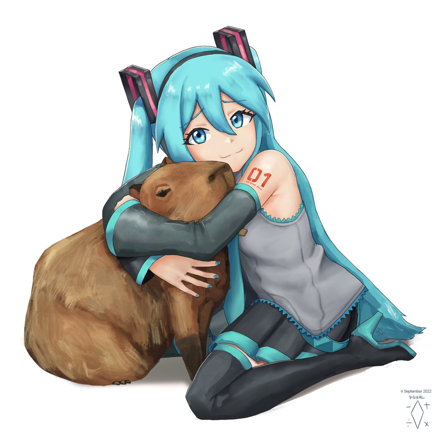 1girl, aqua_hair, aqua_necktie, bangs, black_footwear, boots, capybara, dated, detached_sleeves, digiral, english_commentary, hair_between_eyes, hair_ornament, hatsune_miku, highres, hug, long_hair, looking_at_viewer, nail_polish, necktie, number_tattoo, shoulder_tattoo, signature, simple_background, sitting, smile, solo, tattoo, thigh_boots, twintails, very_long_hair, vocaloid, white_background