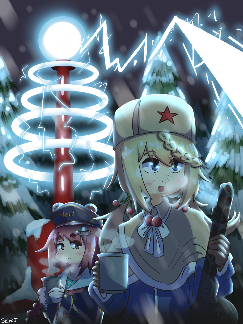 absurdres, artist_name, bangs, blonde_hair, blue_eyes, blush, braid, brown_eyes, closed_mouth, command_and_conquer, expressionless, forest, girls_frontline, gloves, gun, hair_ornament, hairclip, hat, highres, holding, holding_gun, holding_weapon, long_hair, long_sleeves, multiple_girls, nature, open_mouth, parody, pink_hair, pps-43_(girls'_frontline), ppsh-41, ppsh-41_(girls'_frontline), red_star, serjatronic, snowing, submachine_gun, telnyashka, tesla_coil, tree, upper_body, weapon, white_gloves
