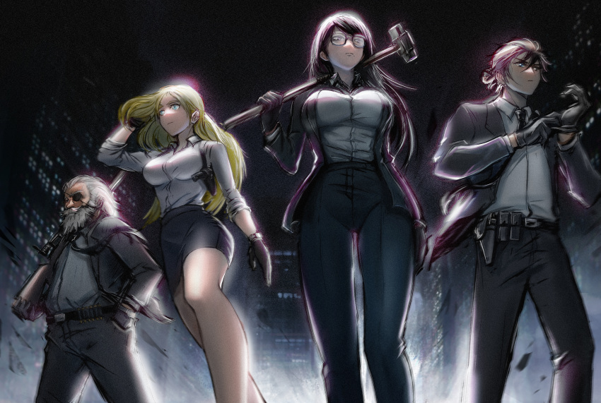 2boys, 2girls, 389696808, absurdres, ajiro_shinpei, bangs, belt, black-framed_eyewear