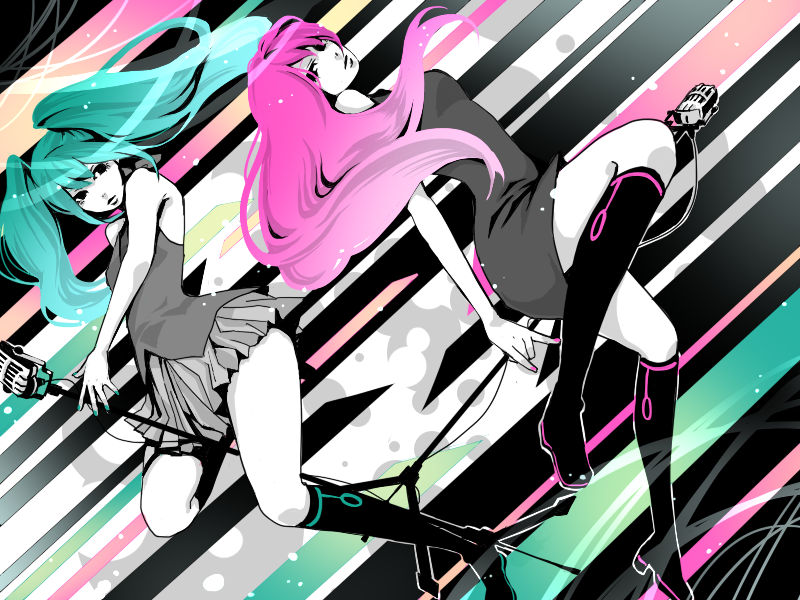 aqua_hair, bad_id, boots, frutiger_metro, hatsune_miku, long_hair, megurine_luka, microphone