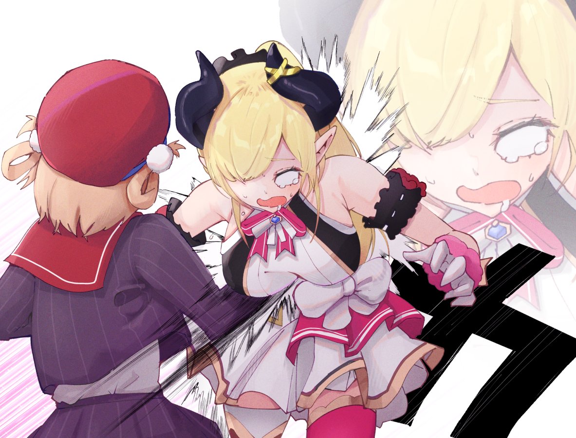 2girls, blonde_hair, breasts, crying, crying_with_eyes_open, dress, gloves, hat