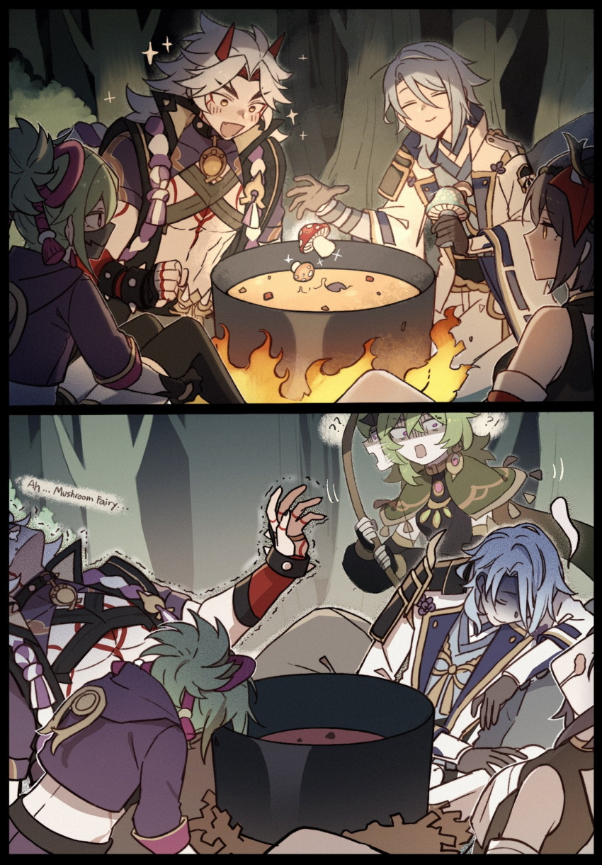 2boys, 3girls, :d, arataki_itto, bad_food, black_hair, blue_hair, bracelet