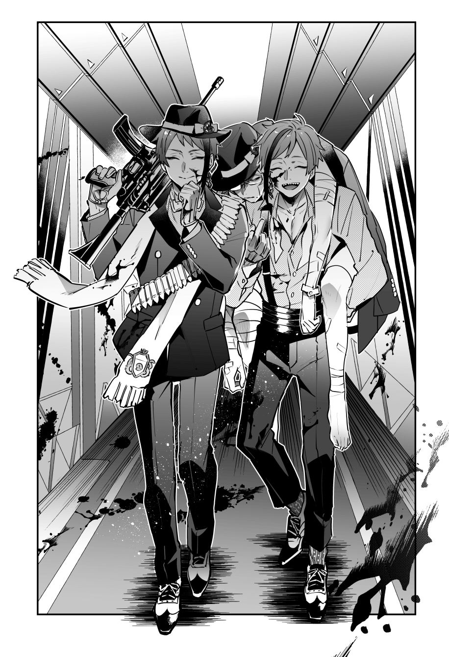 3boys, ^_^, ammunition_belt, azul_ashengrotto, bandaged_ankle, bandaged_arm, bandages, blood
