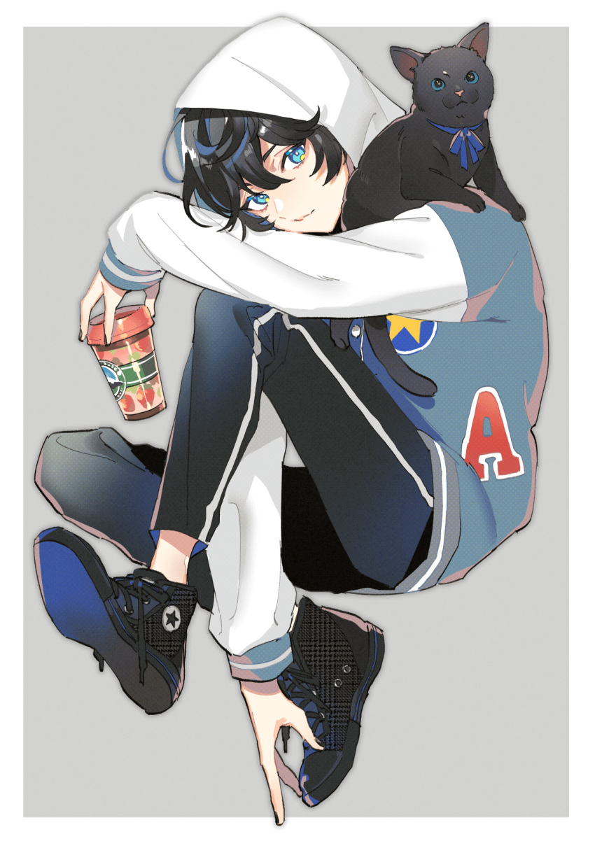 1boy, animal_on_shoulder, axia_krone, black_cat, black_footwear, black_hair, black_nails, black_pants