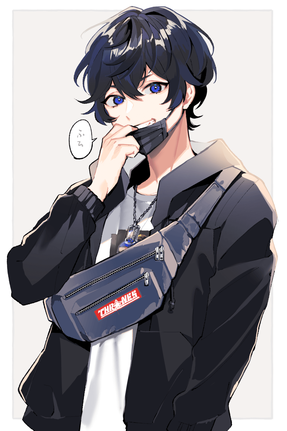 1boy, axia_krone, bangs, black_hair, black_jacket, blue_eyes, commentary_request, fanny_pack