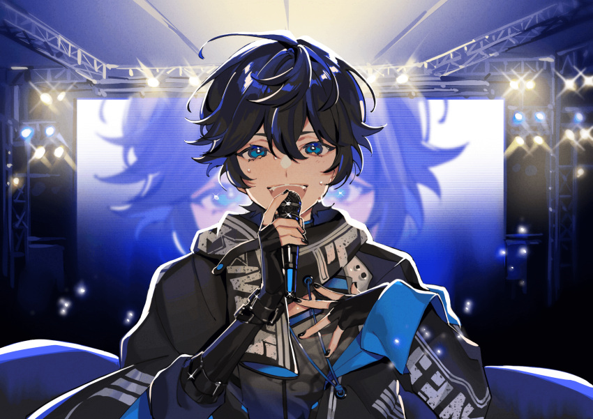1boy, arm_out_of_sleeve, axia_krone, bangs, black_gloves, black_hair, black_jacket, black_nails