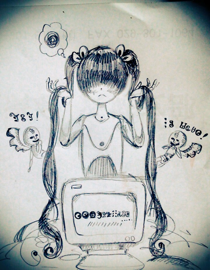 1girl, blush, bow, daniyyel+jennifer, embarrassed, familiar_(madoka_magica), gustave1826, h.n.elly_(kirsten), hair_bow, holding, holding_hair, madoka_runes, mahou_shoujo_madoka_magica, monitor, skirt, thought_bubble, traditional_media, twintails, witch_(madoka_magica)