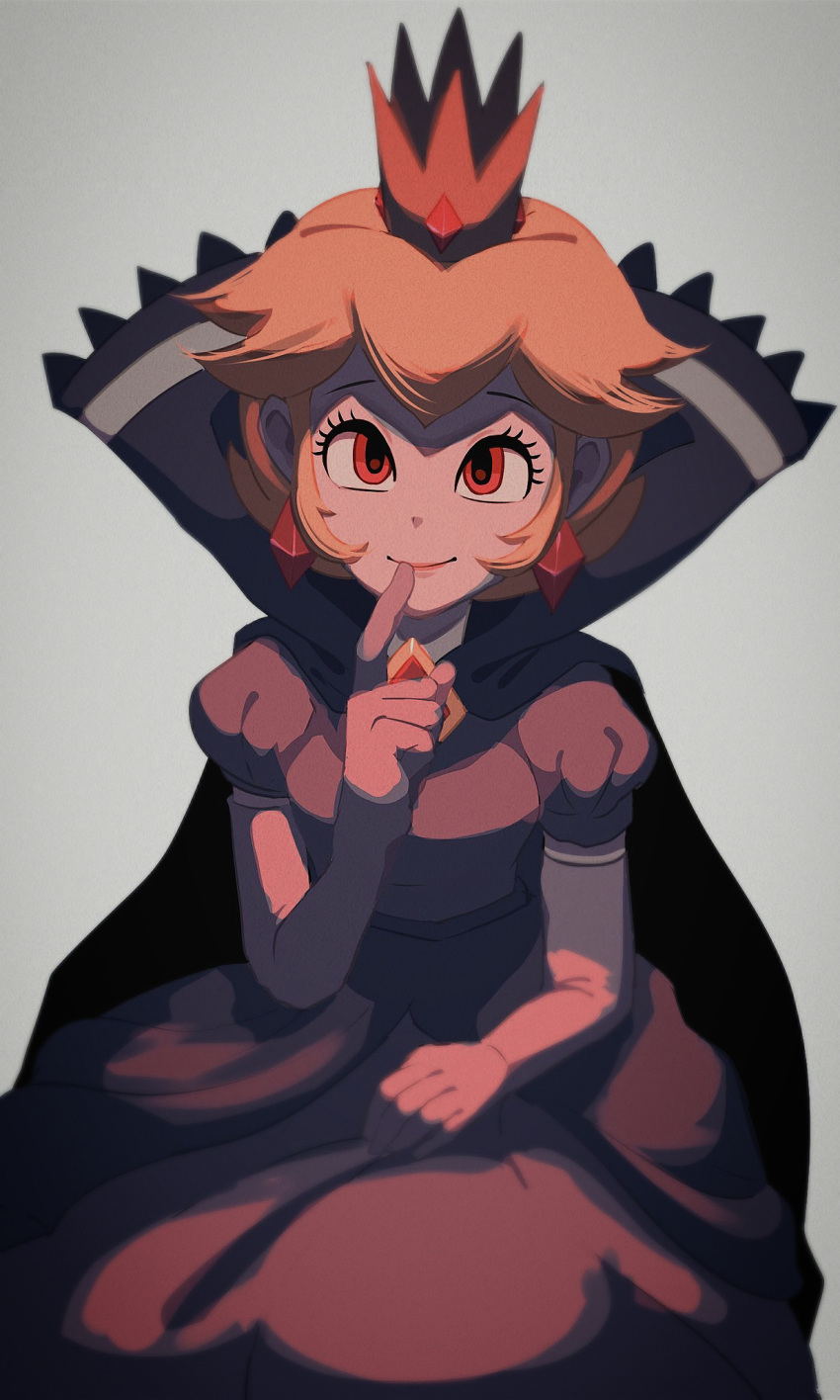 1girl, blonde_hair, cape, crown, dress, earrings, elbow_gloves, finger_to_mouth
