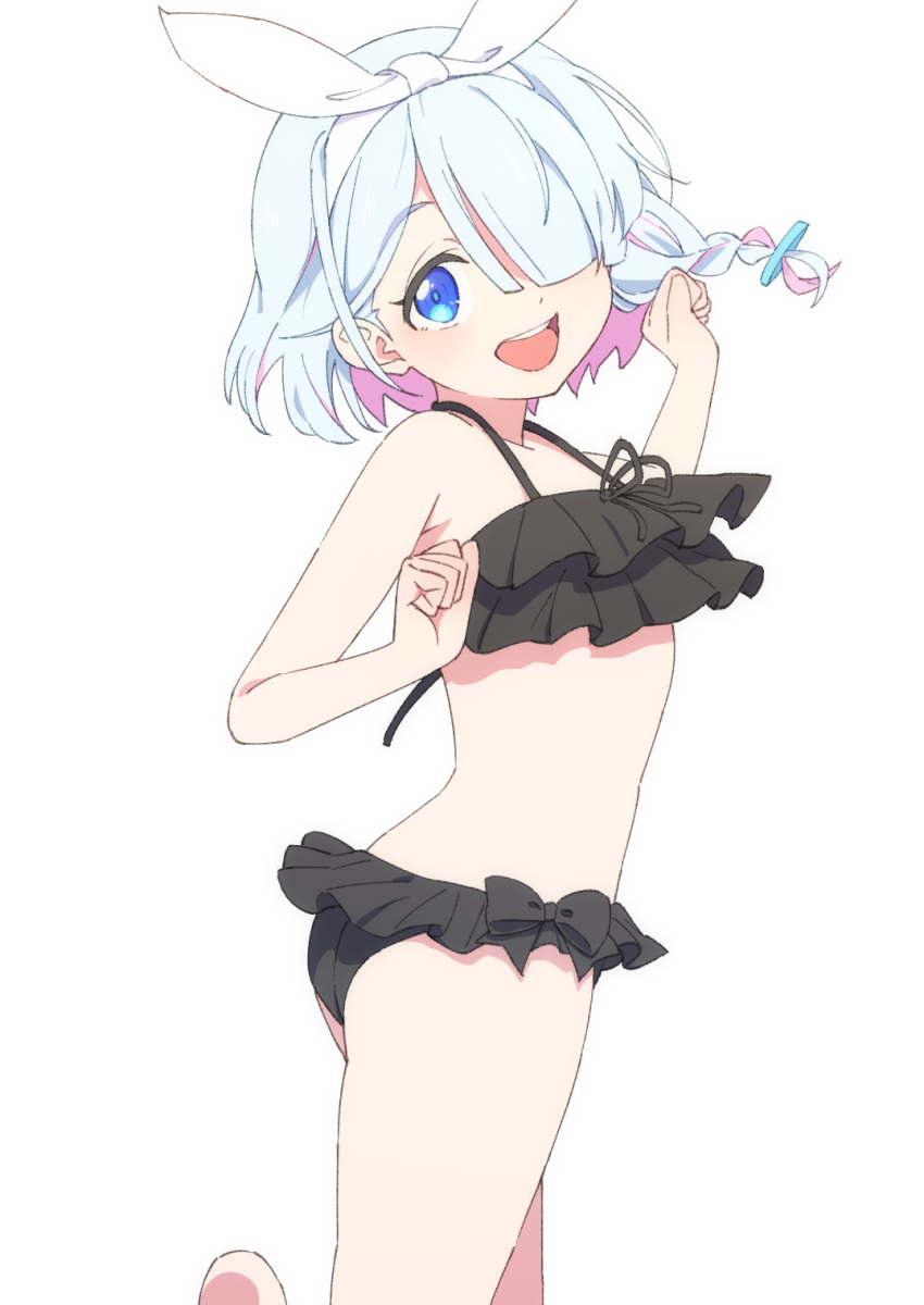 1girl, afnroll, arona_(blue_archive), ass, bangs, bikini, black_bikini, black_bow, blue_archive, blue_eyes, blue_hair, bow, braid, clenched_hands, cowboy_shot, female_child, frilled_swimsuit, frills, hair_ornament, hair_over_one_eye, hairclip, halo, hands_up, highres, light_blue_hair, looking_at_viewer, looking_back, open_mouth, short_hair, smile, solo, stomach, swimsuit, teeth, thighs, upper_teeth, white_background