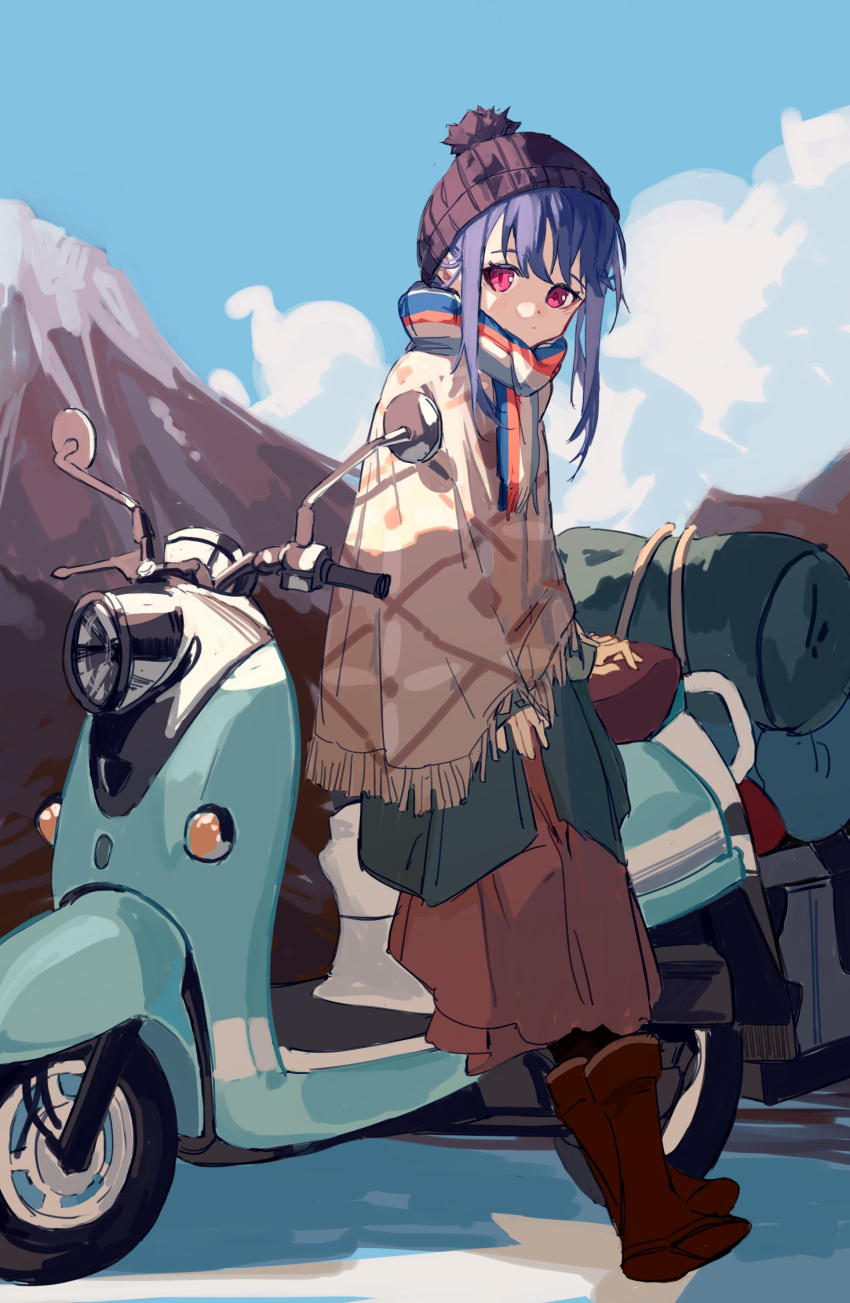 1girl, absurdres, bangs, black_headwear, blanket, blue_hair, blue_sky, boots, brown_footwear, brown_skirt, commentary, ground_vehicle, highres, kurattes, long_skirt, looking_at_viewer, motor_vehicle, motorcycle, mountainous_horizon, pink_eyes, scarf, scooter, shima_rin, sidelocks, skirt, sky, sleeping_bag, solo, striped, striped_scarf, woollen_cap, yamaha_vino, yurucamp