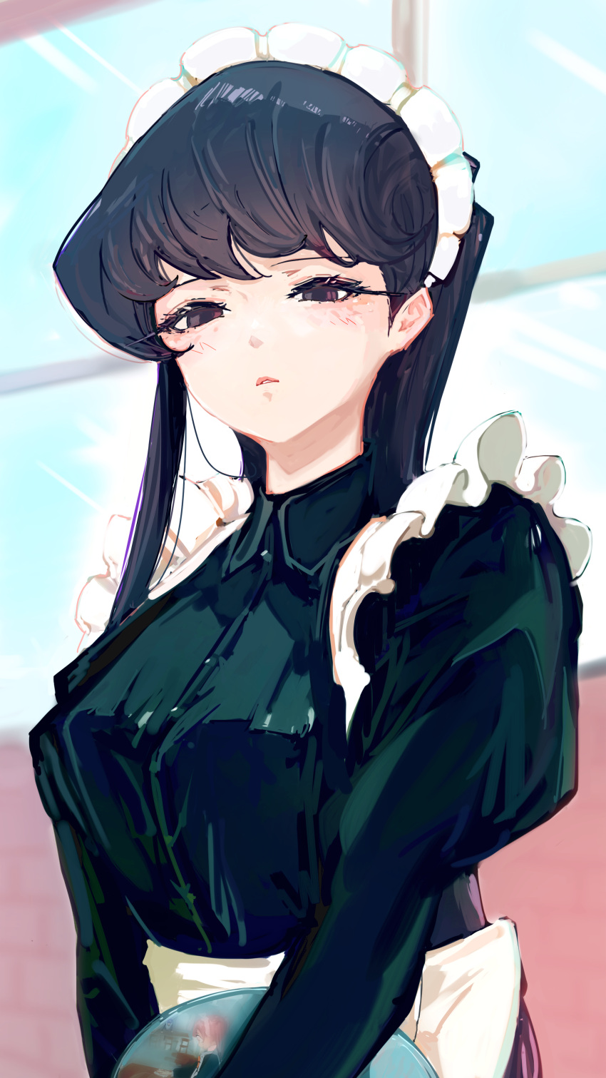 1girl, absurdres, alternate_costume, apron, black_dress, black_eyes, black_hair, closed_mouth