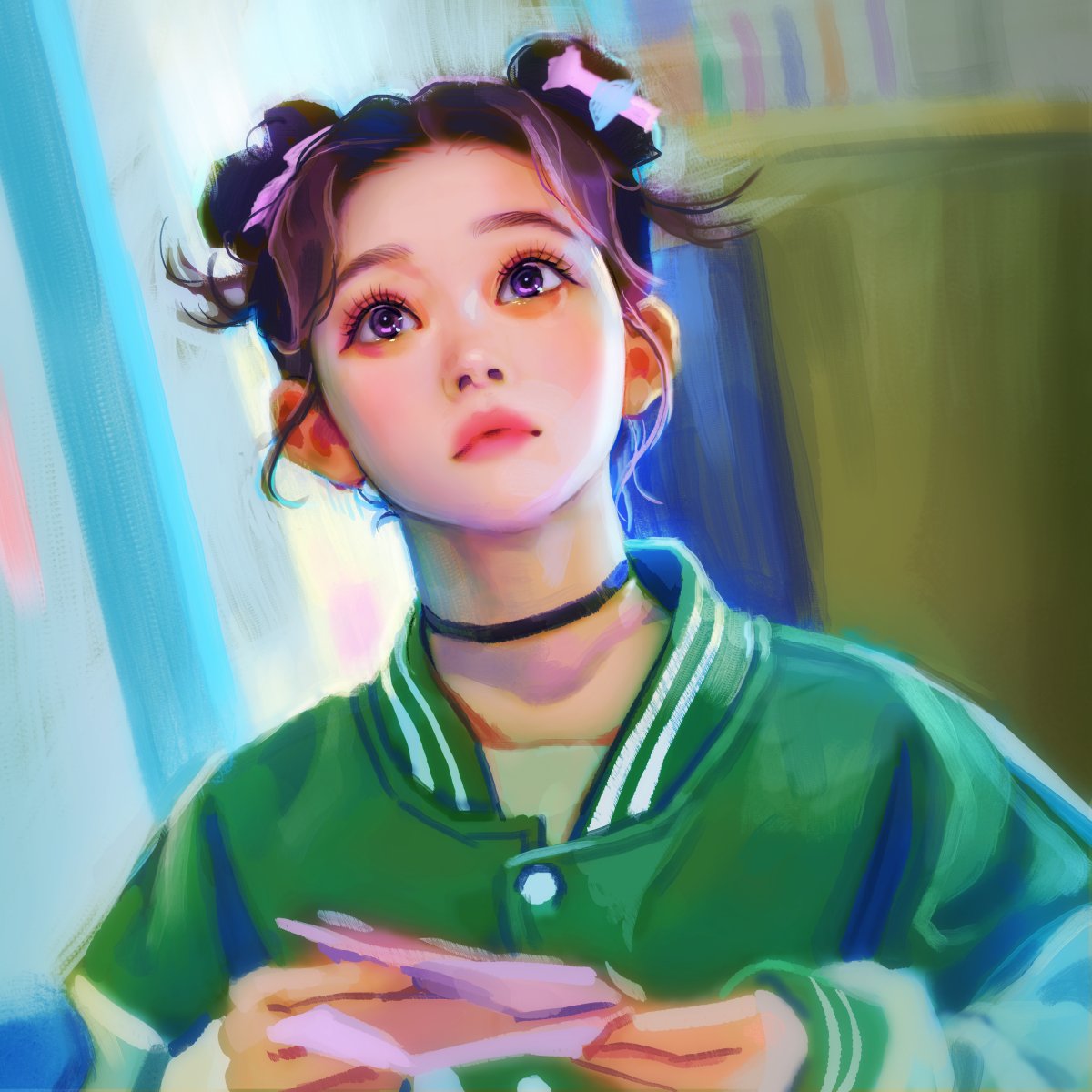 1girl, bangs, billie_(group), black_choker, brown_hair, choker, english_commentary, expressionless