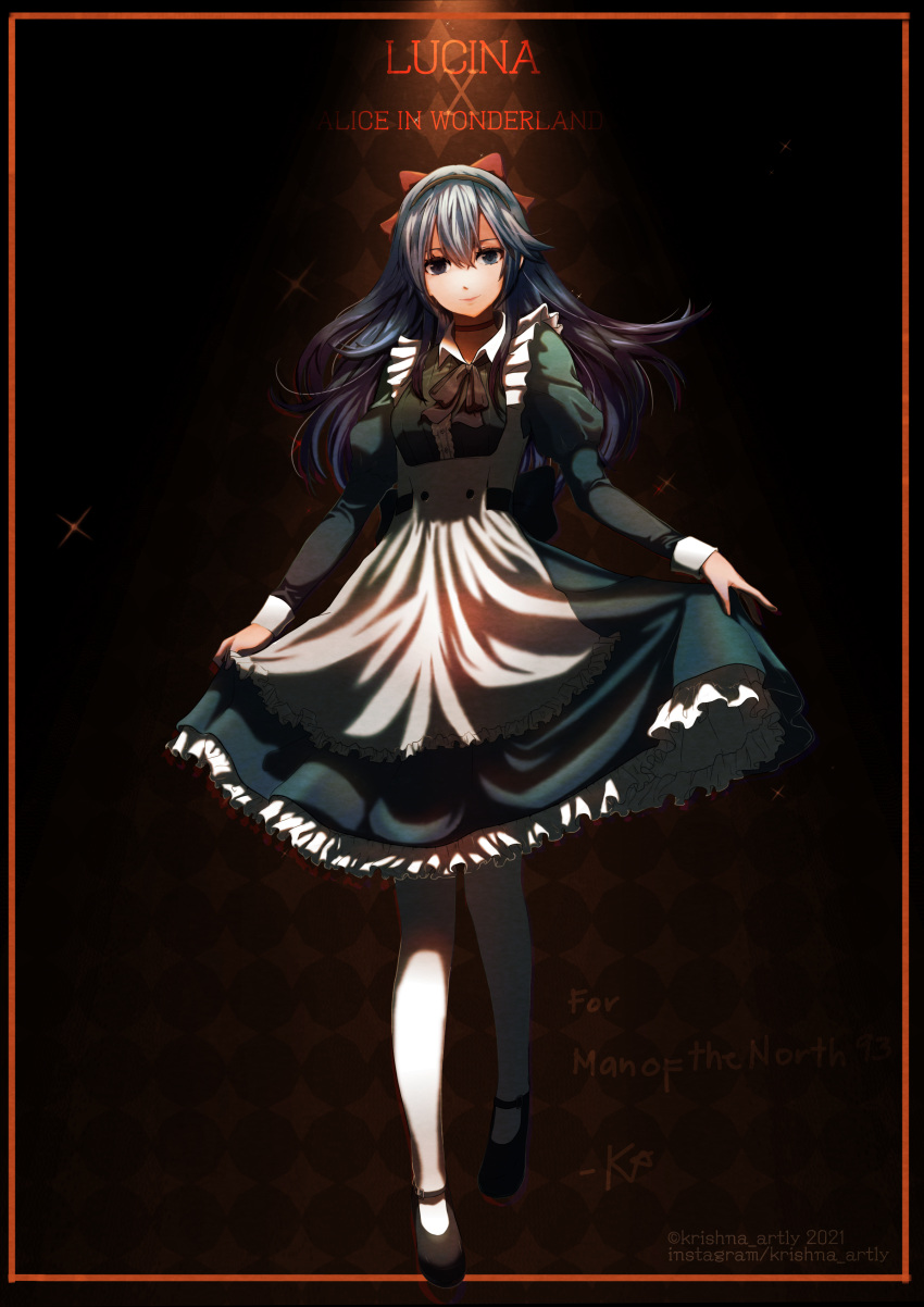 1girl, absurdres, alice_(alice_in_wonderland), alice_(alice_in_wonderland)_(cosplay), alice_in_wonderland, apron, bangs, black_footwear