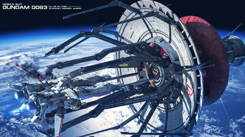 3d, albion_(gundam), earth_(planet), earth_federation, energy_cannon, gundam, gundam_0083, in_orbit