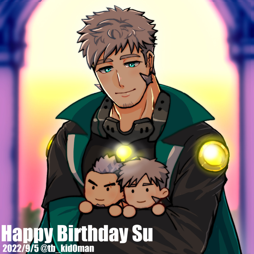 1boy, artist_name, blurry, blurry_background, coat, collar, collared_coat, facial_hair, feet_out_of_frame, green_eyes, grey_hair, gyee, highres, hug, male_focus, mature_male, messy_hair, short_hair, smile, solo, stubble, stuffed_toy, su_(gyee), sunlight, sunset, tb_kid0man, thick_eyebrows, twitter_username, upper_body, yan_(gyee)