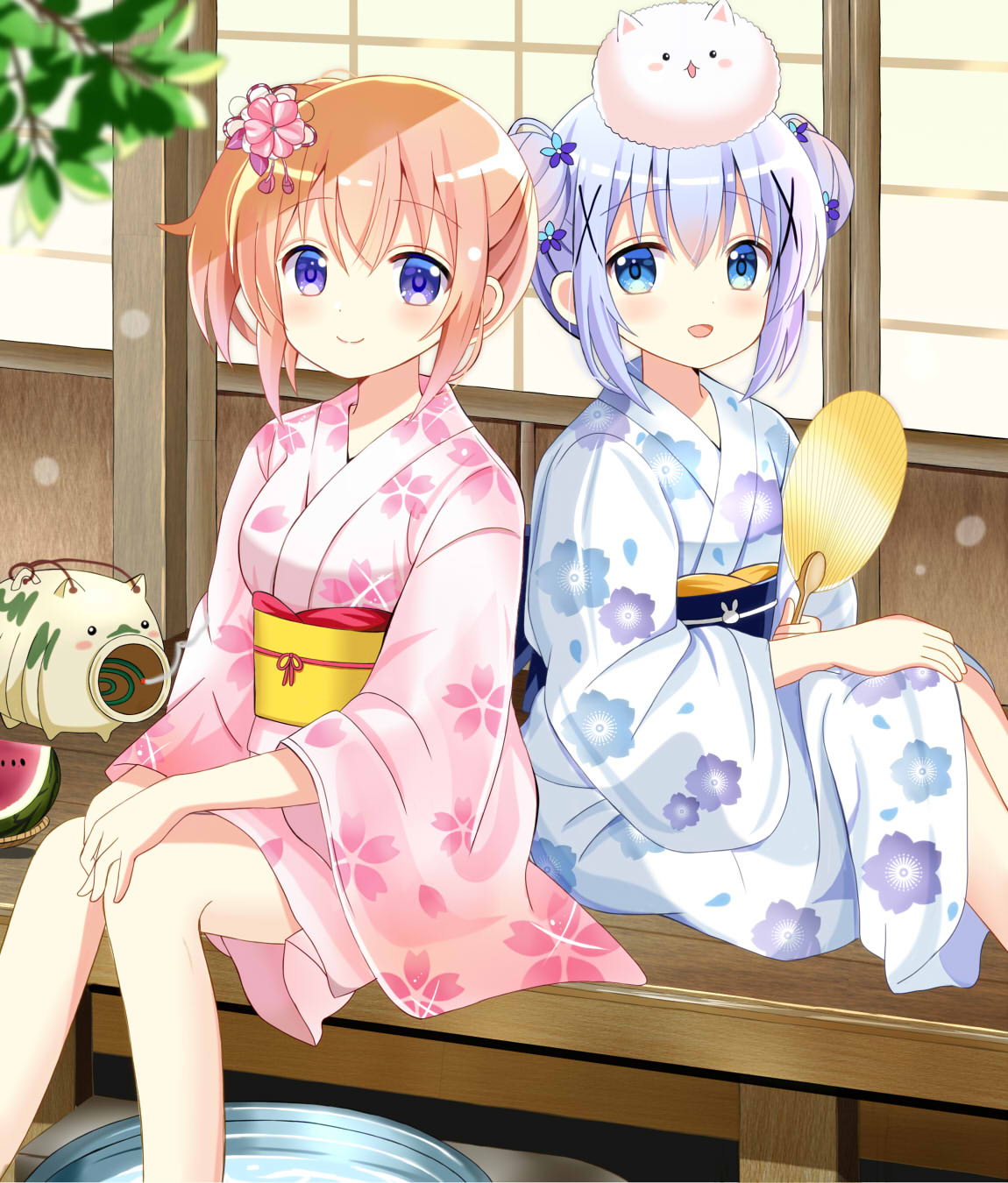 2girls, animal_on_head, basin, blue_eyes, blue_hair, blue_kimono, cherry_blossoms, closed_mouth