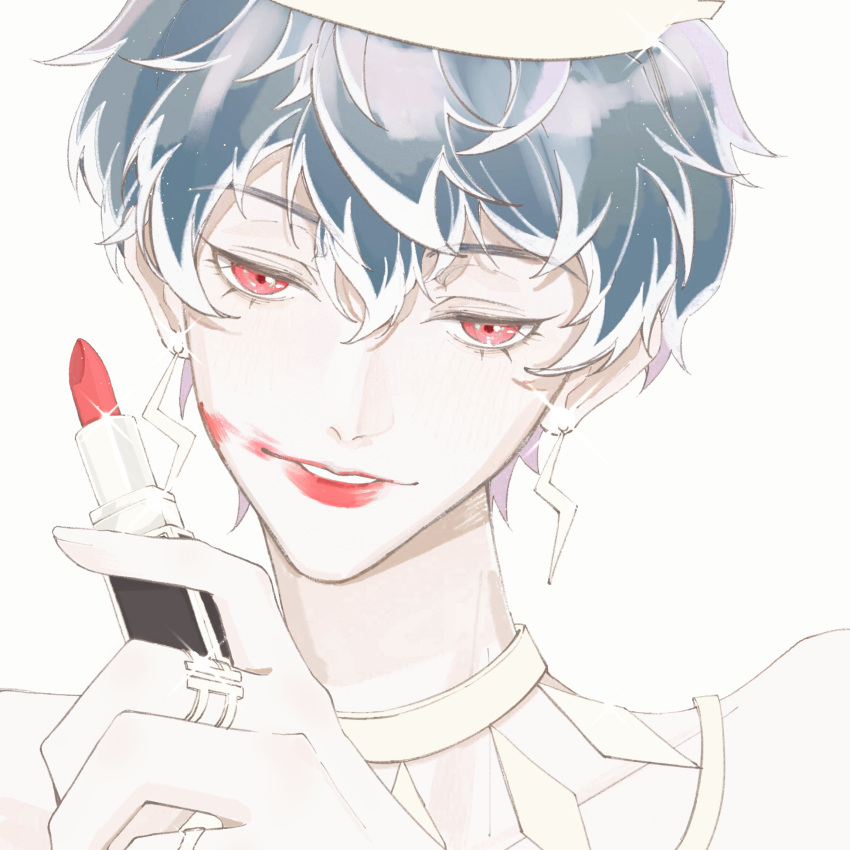 1boy, bishounen, black_hair, cosmetics, highres, holding, holding_lipstick_tube, idolish_7