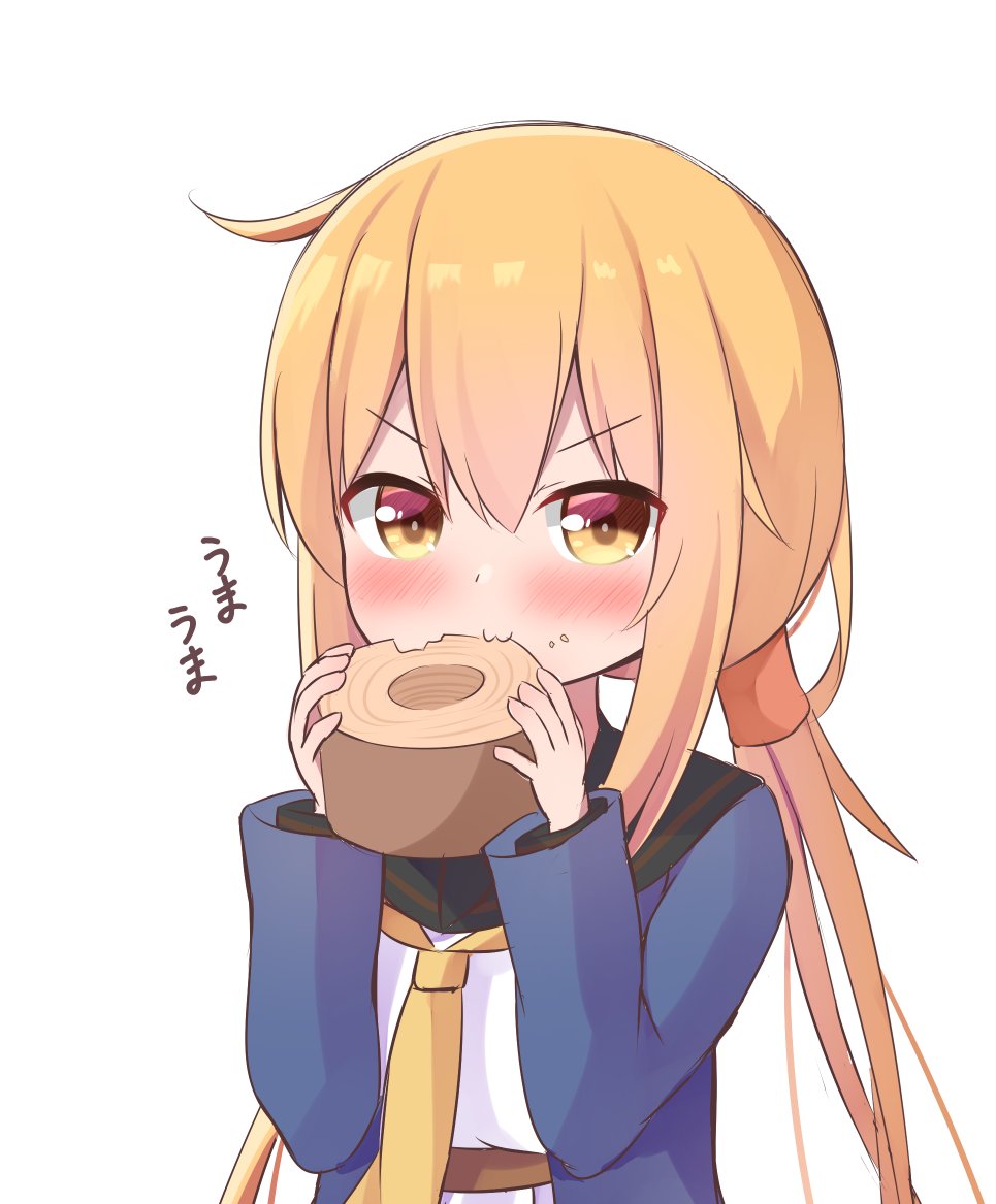 1girl, baumkuchen, black_sailor_collar, blonde_hair, blue_jacket, cake, commentary_request, cowboy_shot