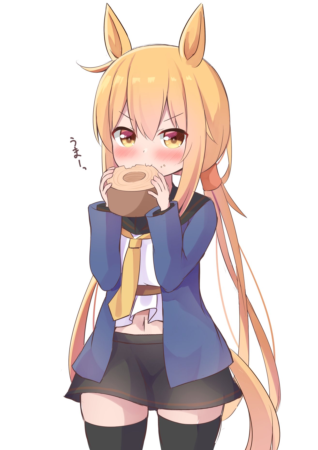 1girl, animal_ears, baumkuchen, black_sailor_collar, black_skirt, black_thighhighs, blonde_hair, blue_jacket