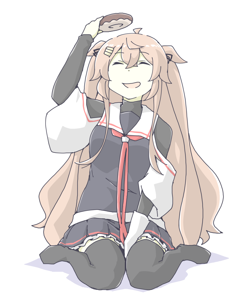 1girl, akara_kai, black_thighhighs, blonde_hair, closed_eyes, doughnut, food, gloves