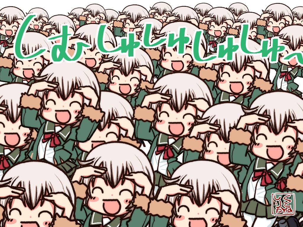 bangs, blonde_hair, closed_eyes, cowboy_shot, fur-trimmed_sleeves, fur_trim, green_jacket, green_sailor_collar