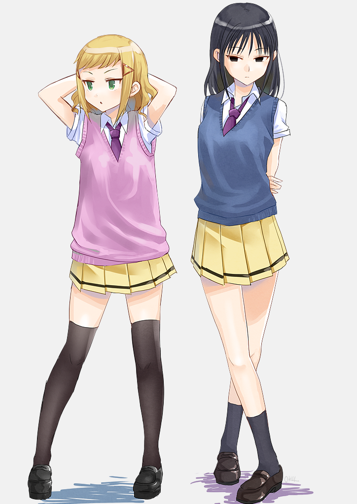 2girls, arms_behind_back, arms_behind_head, black_footwear, black_hair, black_thighhighs, blonde_hair, blue_sweater_vest