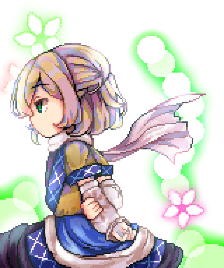 1girl, arm_warmers, arms_behind_back, bangs, black_skirt, blonde_hair, brown_shirt, commentary_request