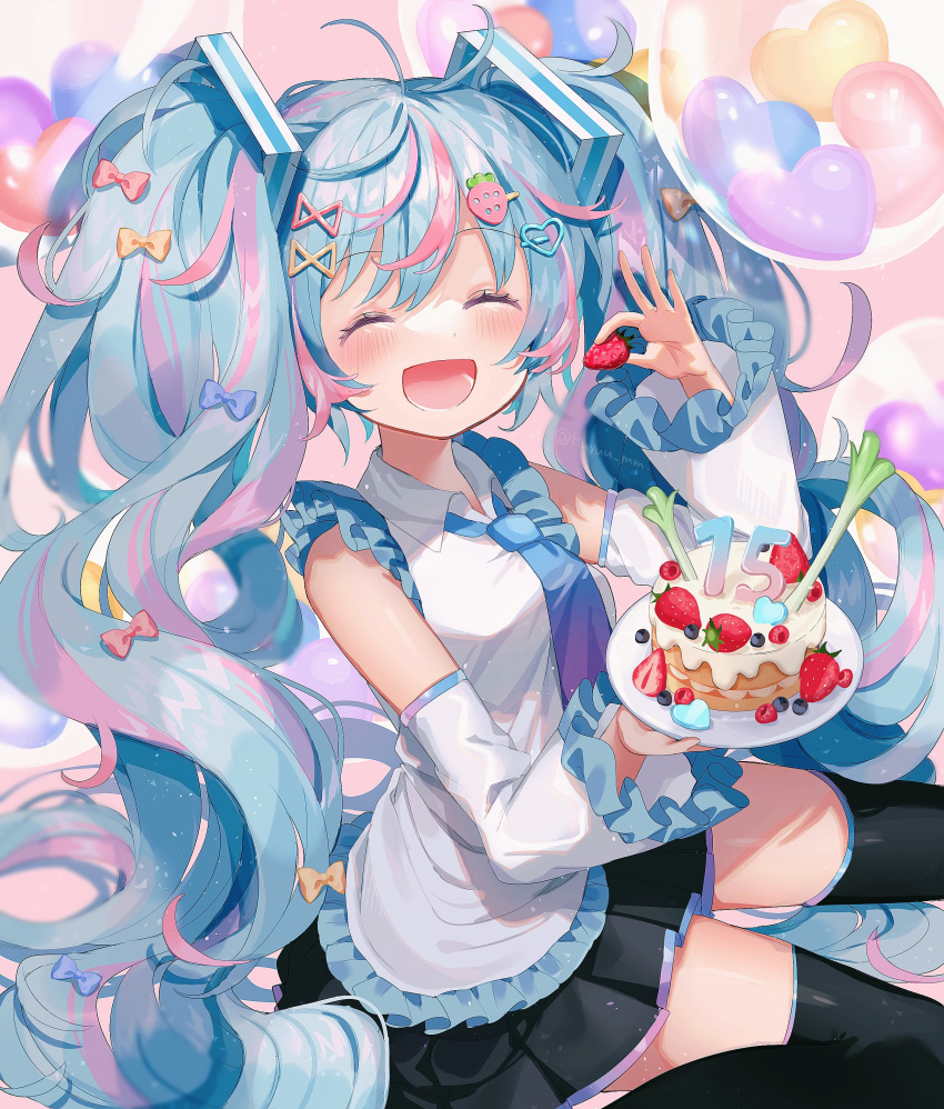 1girl, :d, absurdres, bangs, black_skirt, black_thighhighs, blue_hair, blue_necktie
