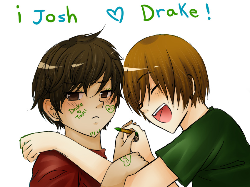 2boys, blue_shirt, blush, brothers, brown_hair, character_name, closed_eyes, drake_&amp;_josh
