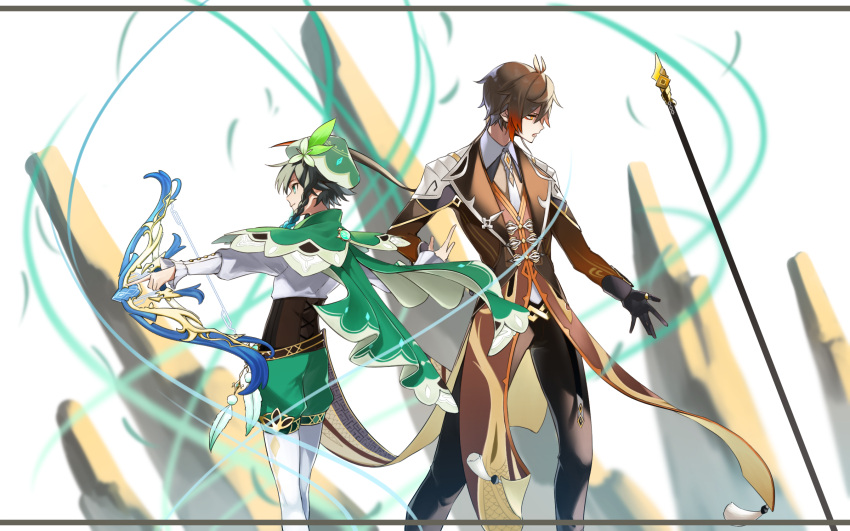 2boys, androgynous, argyle, argyle_legwear, bangs, beret, black_gloves, black_hair, blue_hair, blurry, blurry_background, bow_(weapon), braid, brown_hair, cape, closed_mouth, coattails, collared_cape, collared_shirt, corset, earrings, ebibi_chiriri, elegy_of_the_end_(genshin_impact), eyeliner, eyeshadow, flower, formal, frilled_sleeves, frills, genshin_impact, gloves, gradient_hair, green_eyes, green_headwear, green_shorts, hair_between_eyes, hat, hat_flower, highres, holding, holding_bow_(weapon), holding_weapon, jacket, jewelry, leaf, long_hair, long_sleeves, looking_to_the_side, makeup, male_focus, multicolored_hair, multiple_boys, necktie, open_mouth, orange_hair, pantyhose, polearm, ponytail, red_eyeshadow, rock, shirt, short_hair_with_long_locks, shorts, simple_background, single_earring, smile, suit, tassel, tassel_earrings, thumb_ring, twin_braids, venti_(genshin_impact), vortex_vanquisher_(genshin_impact), weapon, white_background, white_flower, white_pantyhose, white_shirt, wind, yellow_eyes, zhongli_(genshin_impact)
