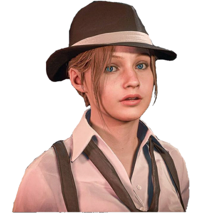 1girl, blue_eyes, brown_hair, claire_redfield, cropped, fedora, game_screenshot, hat