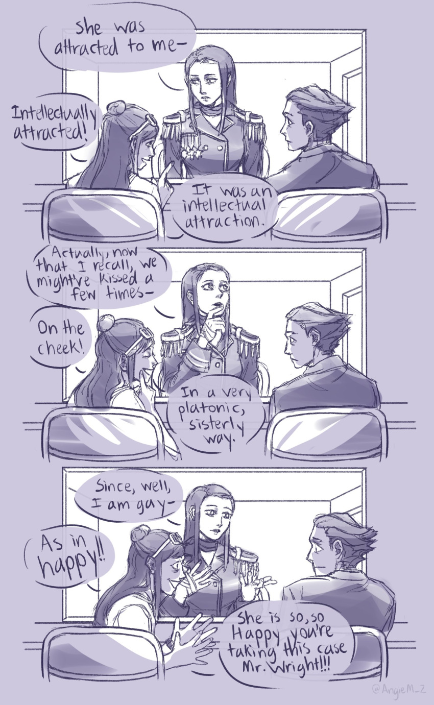 1boy, 2girls, absurdres, ace_attorney, angie_m, chair, ema_skye, english_text