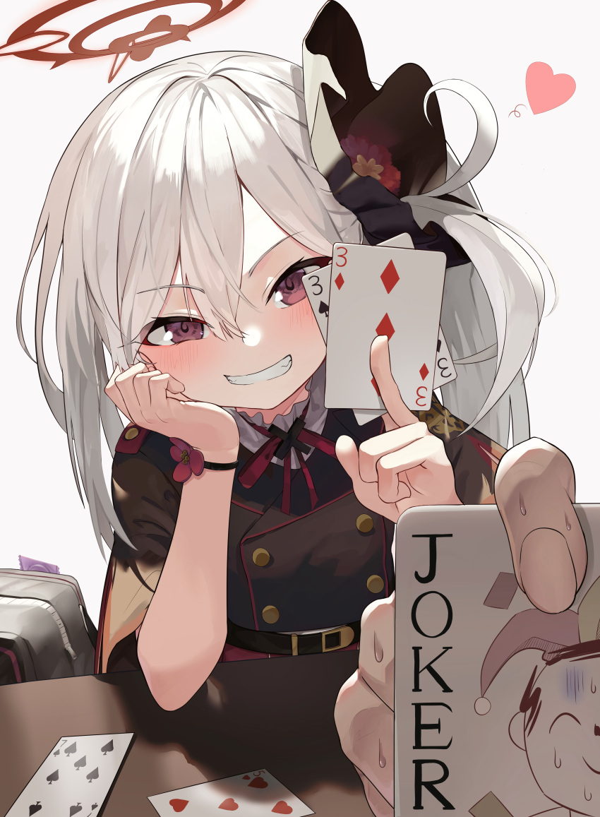 1boy, 1girl, absurdres, belt, black_shirt, blue_archive, card, flower