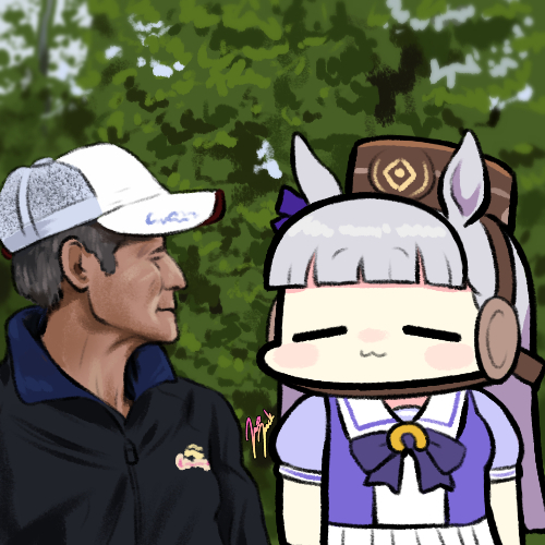 1boy, 1girl, :3, =_=, animal_ears, bangs, baseball_cap, black_jacket, blunt_bangs, bow, bowtie, brown_headwear, ear_bow, facing_another, gold_ship_(umamusume), grey_hair, hat, horse_ears, horse_girl, horseshoe_ornament, imanami_takatoshi, jacket, jazz_jack, long_hair, looking_at_another, lowres, photo-referenced, pillbox_hat, pleated_skirt, puffy_short_sleeves, puffy_sleeves, purple_bow, purple_bowtie, purple_shirt, real_life, sailor_collar, sailor_shirt, school_uniform, serafuku, shirt, short_sleeves, signature, skirt, summer_uniform, tracen_school_uniform, umamusume, white_headwear, white_skirt