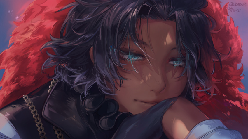 1boy, bangs, bartholomew_roberts_(fate), black_gloves, black_hair, blue_eyes, closed_mouth, commentary_request