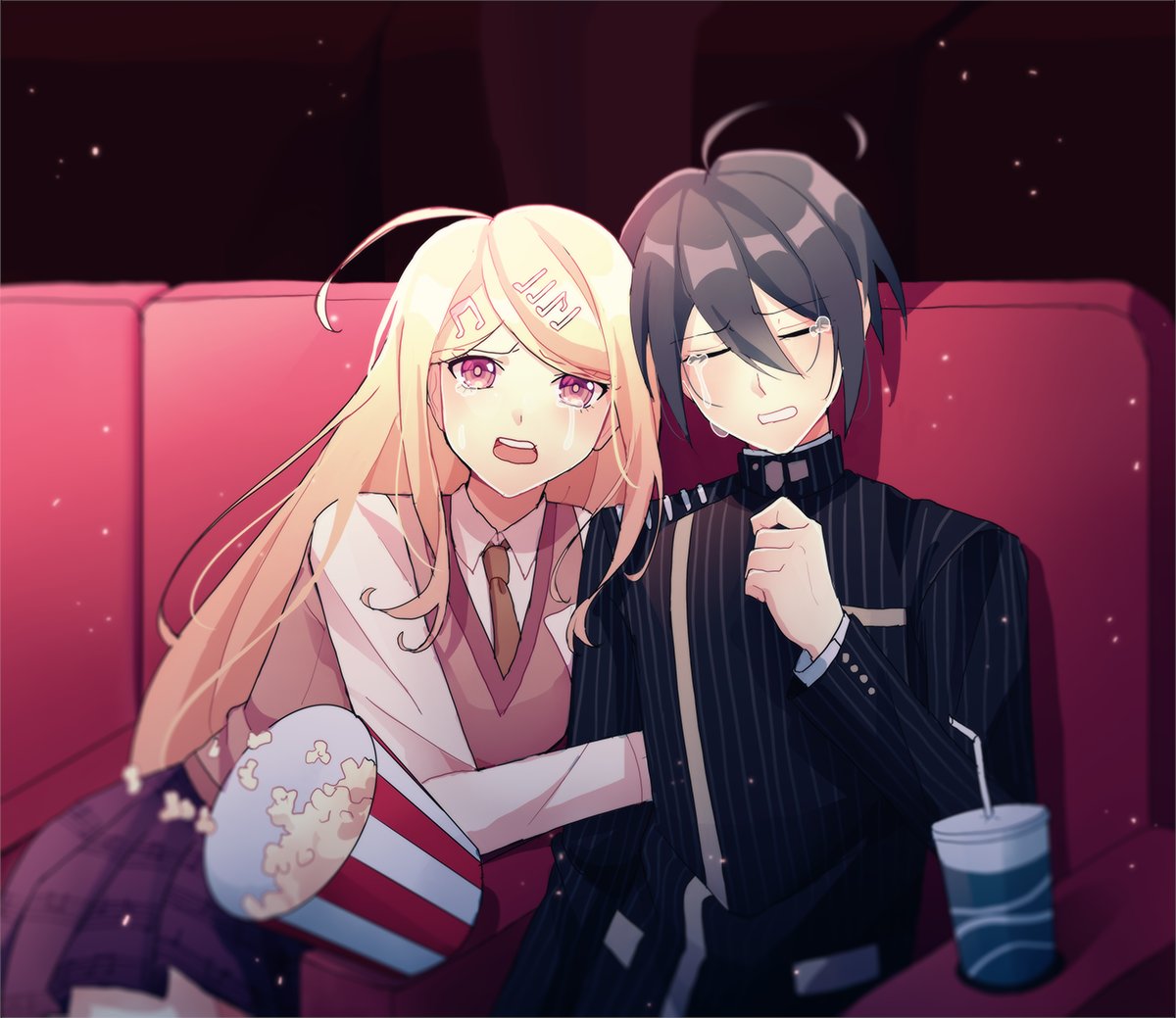 1boy, 1girl, :d, ahoge, akamatsu_kaede, arm_hug, bangs, blonde_hair, brown_hair, cheer_(cheerkitty14), clenched_teeth, collared_shirt, crying, cup, danganronpa_(series), danganronpa_v3:_killing_harmony, drinking_straw, falling, food, hair_ornament, indoors, long_hair, looking_at_viewer, movie_theater, musical_note, musical_note_hair_ornament, necktie, pink_eyes, pink_vest, pleated_skirt, popcorn, saihara_shuuichi, shiny, shiny_hair, shirt, short_hair, sitting, skirt, smile, tears, teeth, upper_teeth, vest