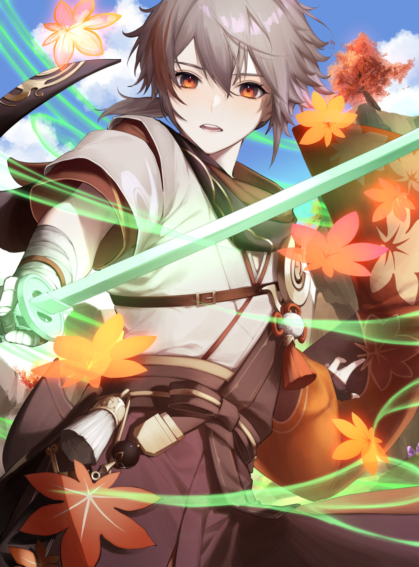 1boy, absurdres, autumn_leaves, bandaged_arm, bandaged_hand, bandages, bangs, black_gloves