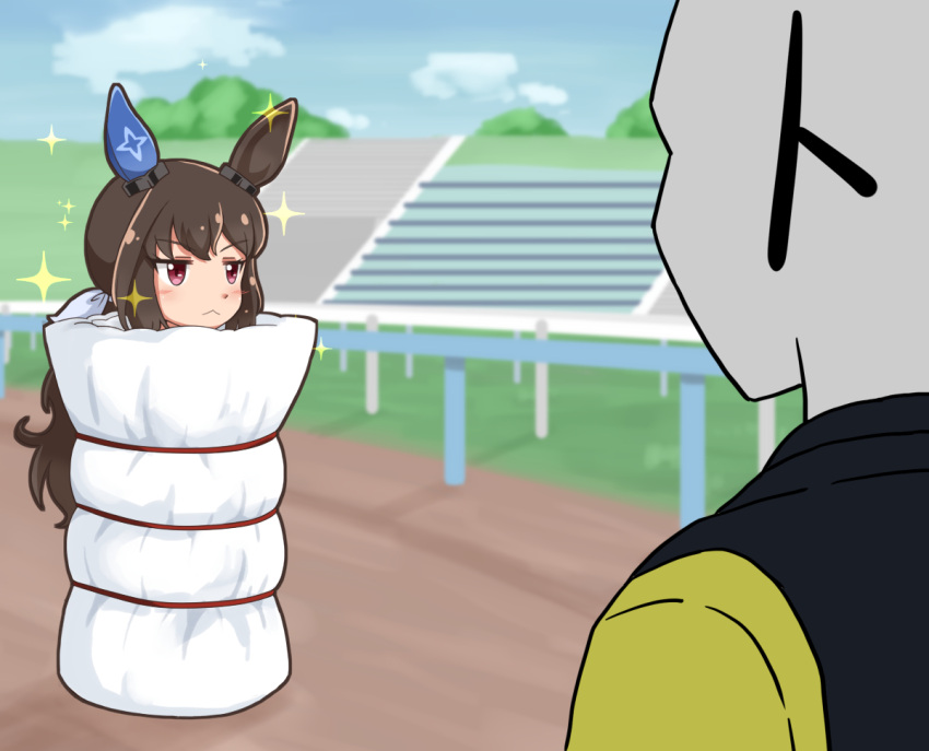 1boy, 1girl, admire_vega_(umamusume), animal_ears, bangs, brown_hair, clouds, ear_covers, faceless, faceless_male, futon, horse_ears, horse_girl, horse_racing_track, long_hair, maruike_(sekaijunoki110), outdoors, single_ear_cover, smug, sparkle, stairs, sumaki_(action), t-head_trainer, umamusume, violet_eyes, you're_doing_it_wrong