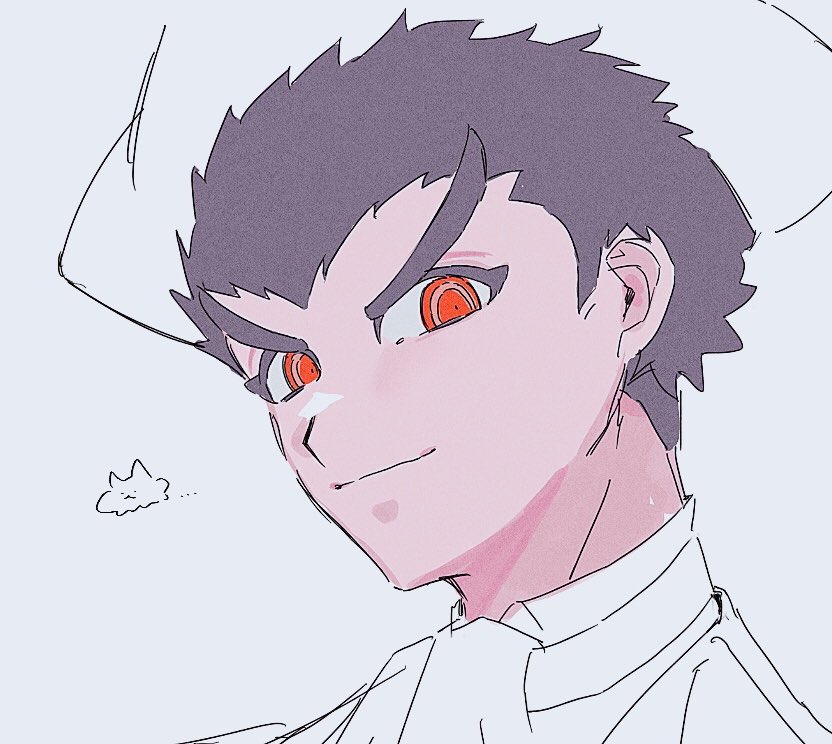 1boy, bangs, danganronpa:_trigger_happy_havoc, danganronpa_(series), grey_background, ishimaru_kiyotaka, looking_at_viewer, male_focus, octo_(sumidanagi), portrait, red_eyes, simple_background, smile, solo, thick_eyebrows