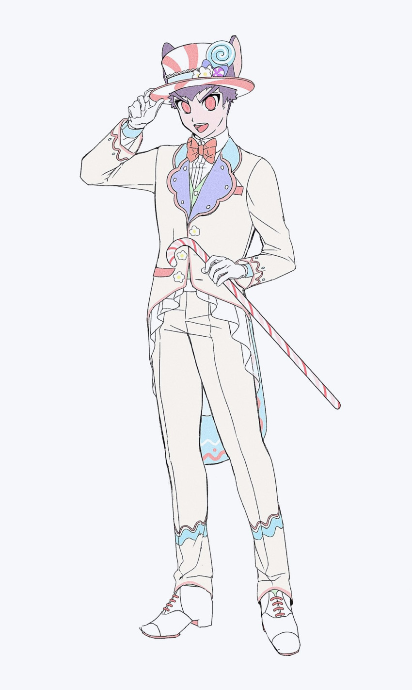 1boy, :d, alternate_costume, animal_ears, bangs, bow, bowtie, candy