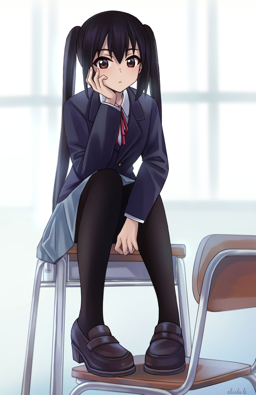 1girl, bangs, black_hair, black_pantyhose, blazer, blue_jacket, brown_eyes, brown_footwear