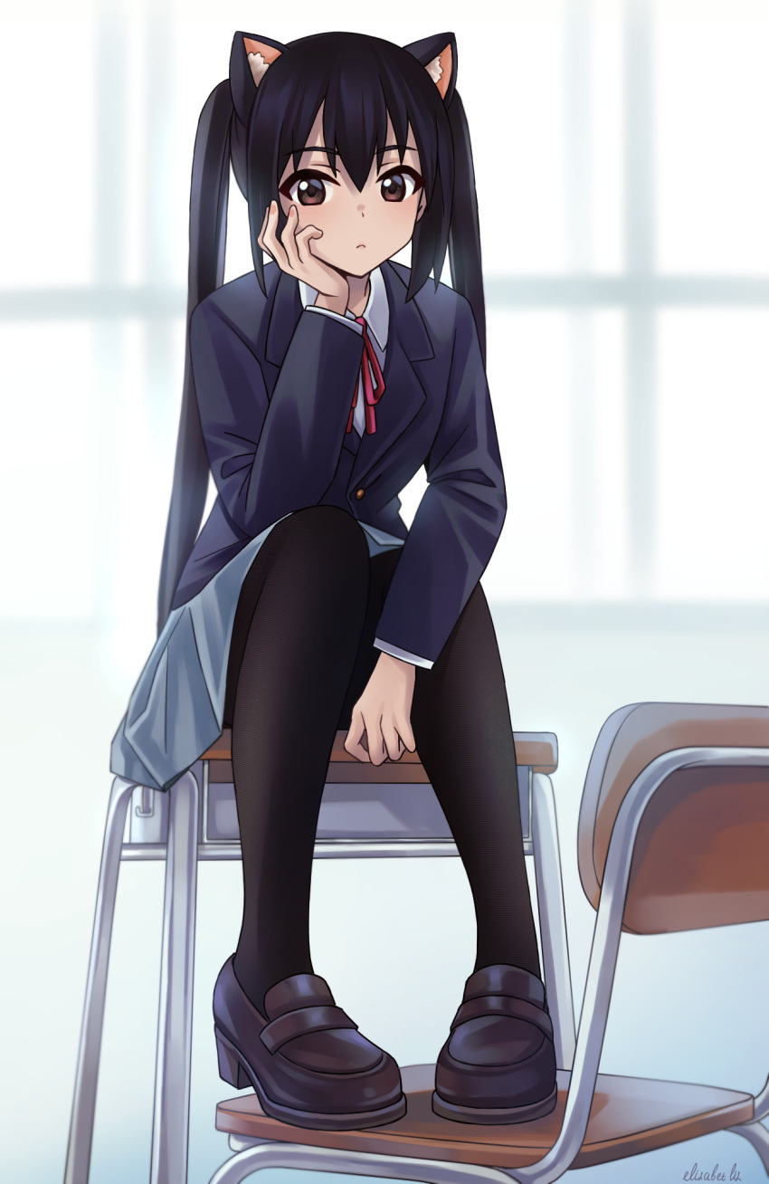 1girl, animal_ears, bangs, black_hair, black_pantyhose, blazer, blue_jacket, brown_eyes